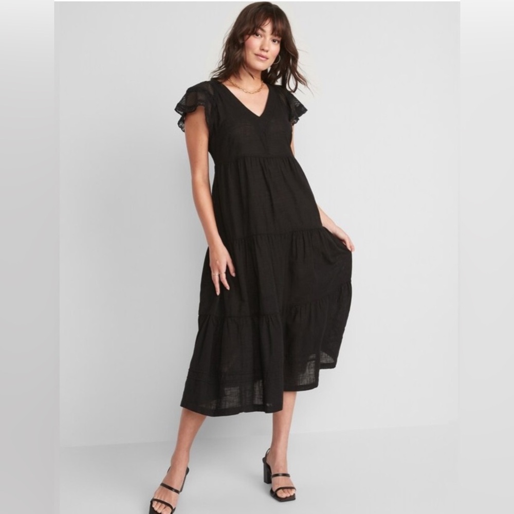 NEW! Old Navy Flutter-Sleeve Tie-Back Tiered Midi Swing Dress Black Size XS